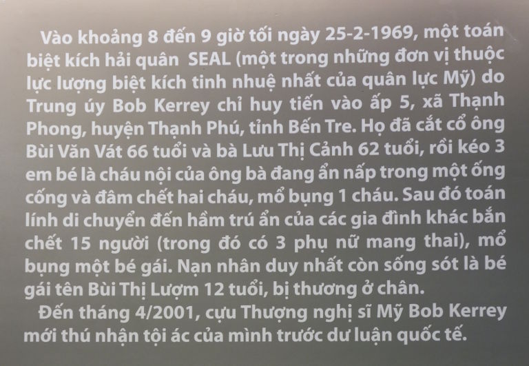 Biển về thảm sát Thạnh Phong ở bảo tàng Chứng tích Chiến Tranh TP Hồ Chí Minh